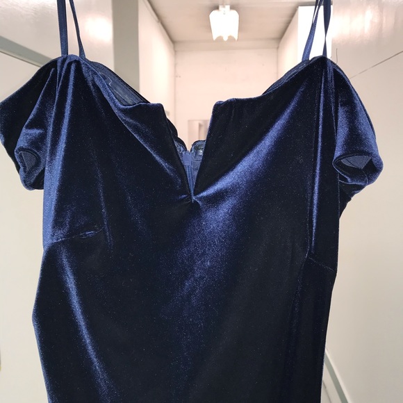 X by Xscape Dress Deep Blue Velvety Ruching Back with Long Slit size 14 - Picture 13 of 16